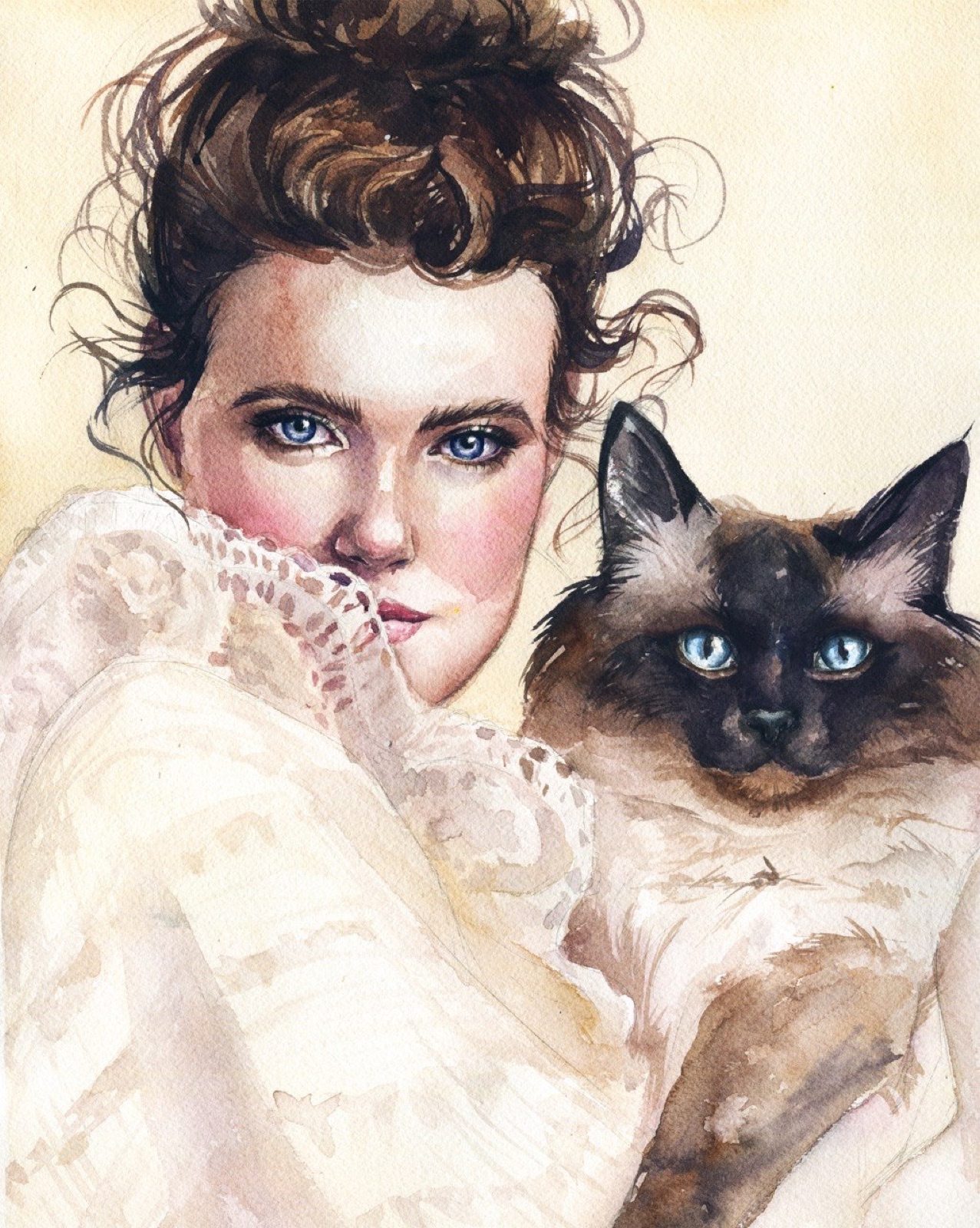 Watercolor portrait of a woman with a blue-eyed Siamese cat